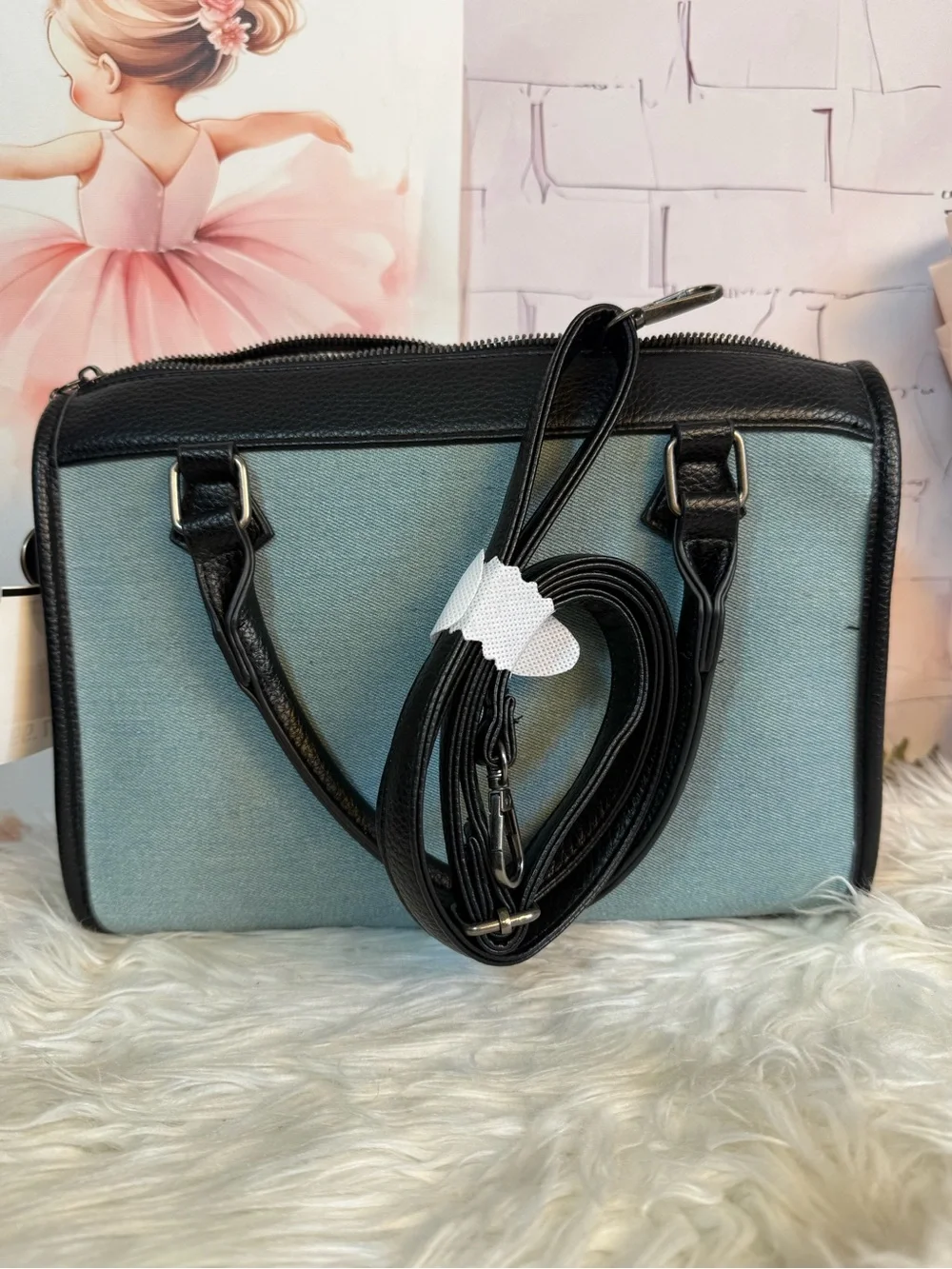 Ed Hardy Denim Blue Studded Eagle Satchel with Black Trim